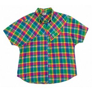 Vintage 80s Rainbow Plaid Button Down Camp Shirt Retro Dopamine‎ Quirky Top